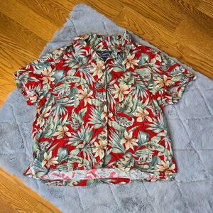 Island Traders Red/Green Cropped Tropical Shirt, Women's XXL, Great Condition